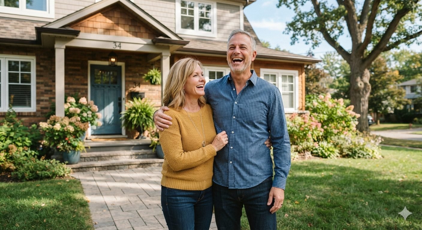 Couple smiling together outside their home